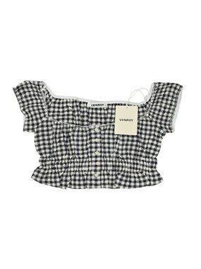 Venroy Off Shoulder Crop Top in Navy Cream Gingham